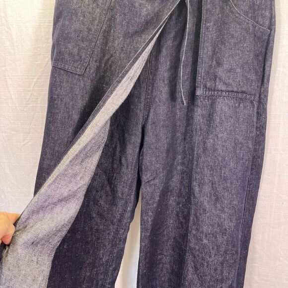 Poetry Blue Faux Wrap 100% Linen Wide Leg Chambray Cropped Culotte Pants Size 8 - Picture 5 of 12